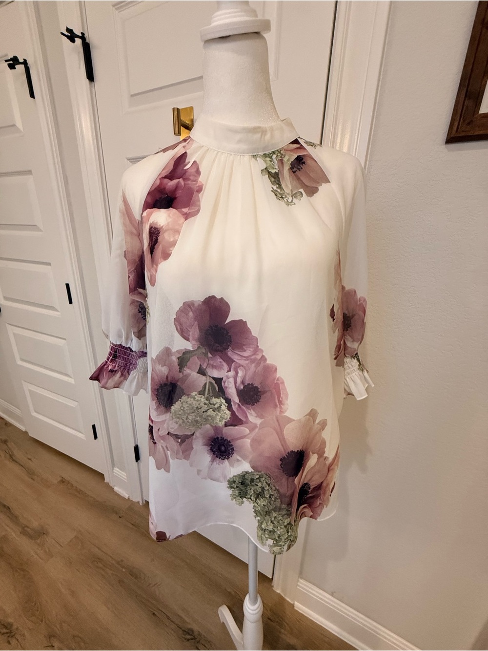 Ted Baker Women's Floral High-Neck Cream and Mauve Chiffon Dress $178 new